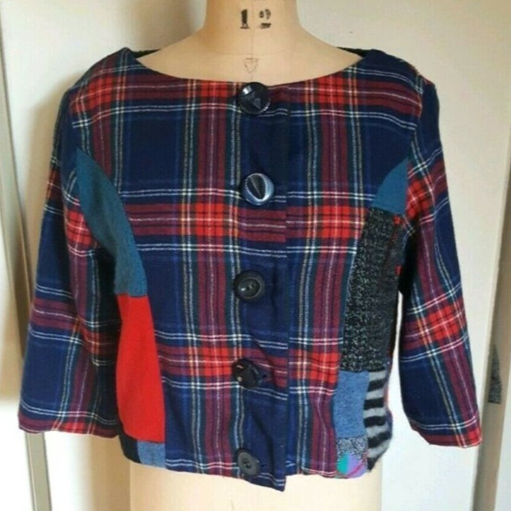 Colorblock Plaid Boxy Blazer - Blue & Red